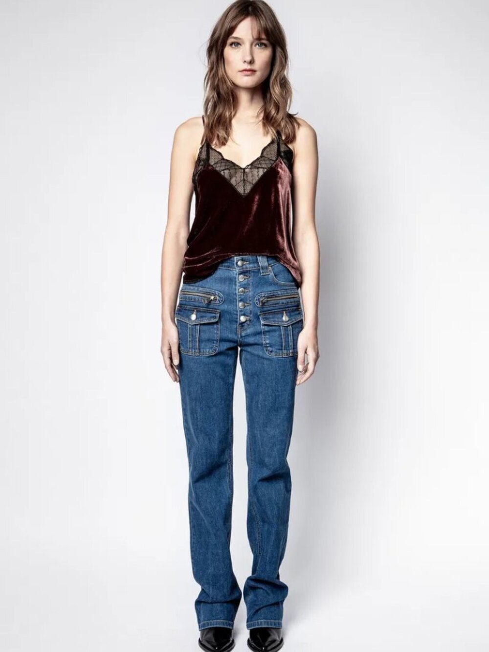 Zadig & Voltaire Christy Velvet Silk Camisole Burgundy Wine Red Lace Trim Size L